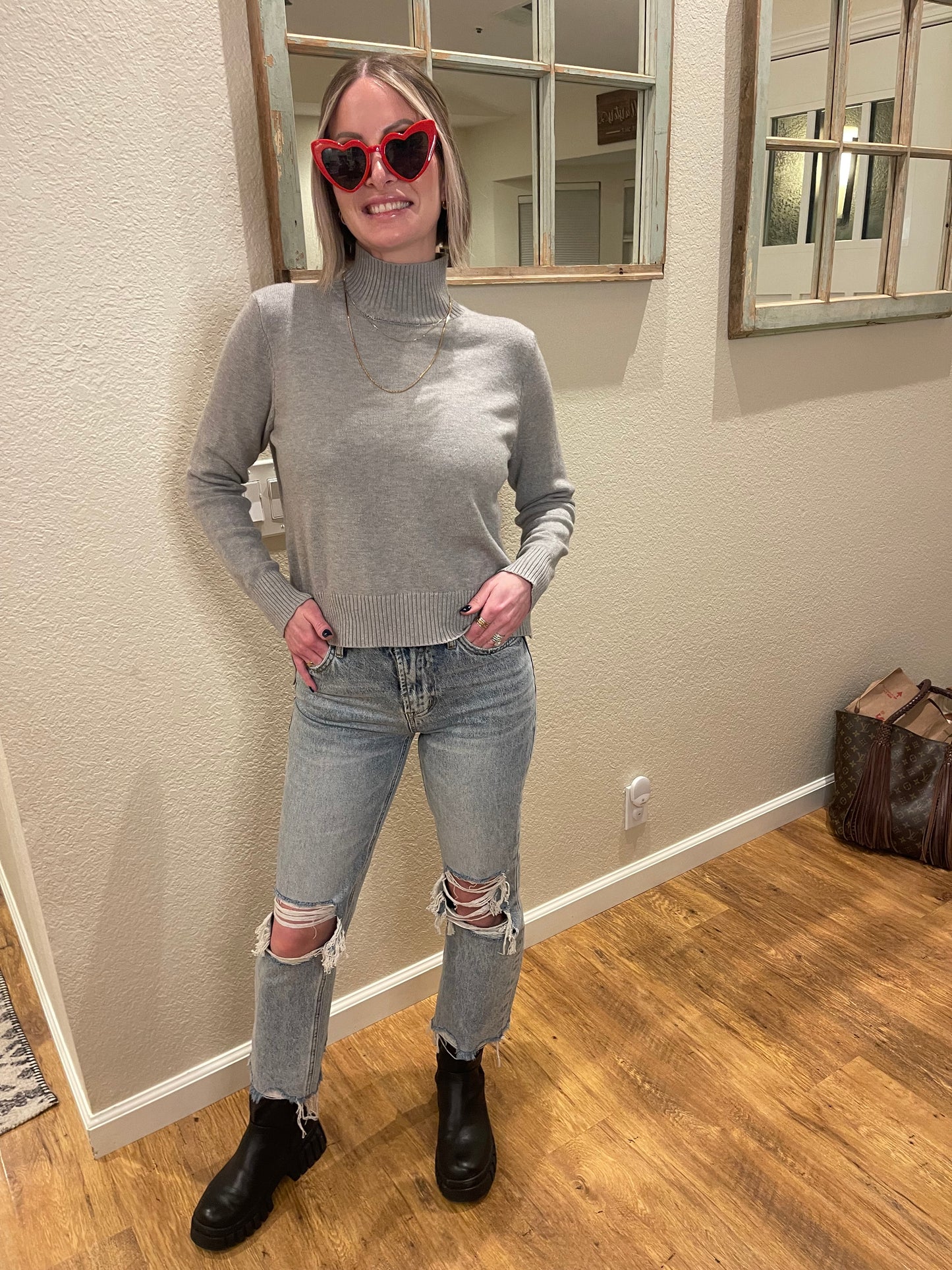 Turtleneck Sweater Top with Side Slits