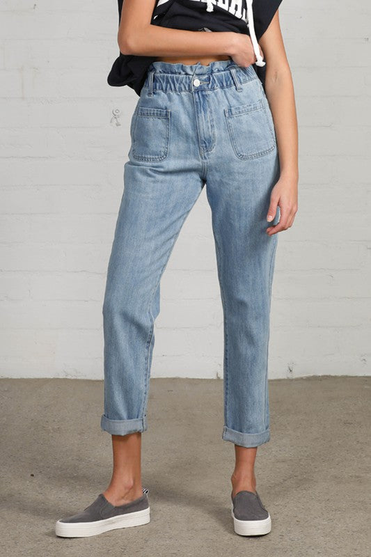 HIGH WAIST ELASTIC-BANDED SLOUCH JEANS