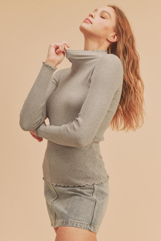 Ruffle Trim Ribbed Long Sleeve