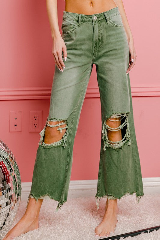 Distressed Vintage Washed Wide Leg Jeans