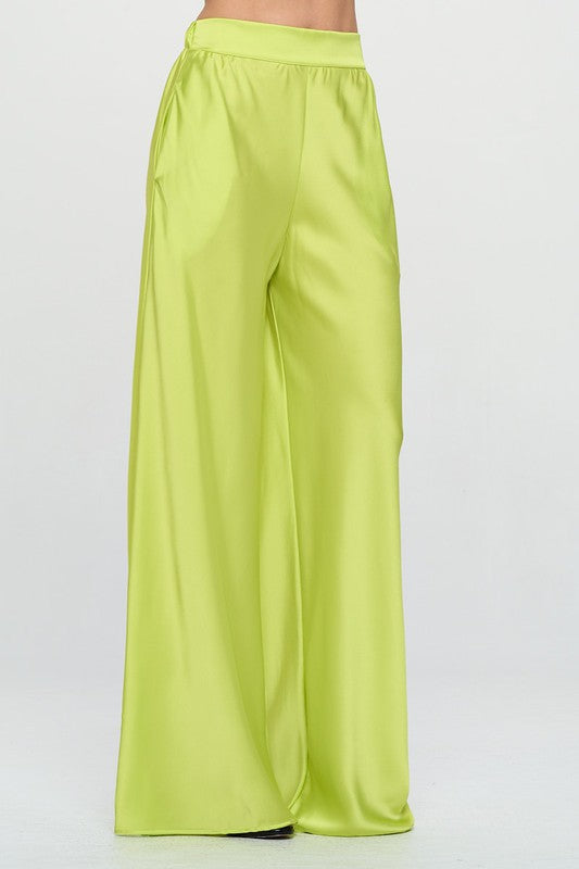 Stretch Satin Pants w/ Elastic Waist and Pockets