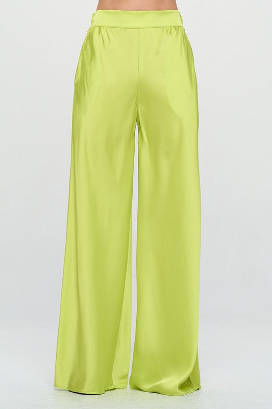 Stretch Satin Pants w/ Elastic Waist and Pockets