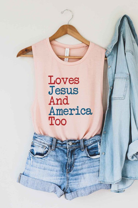 LOVES JESUS AND AMERICA TOO GRAPHIC MUSCLE TANK