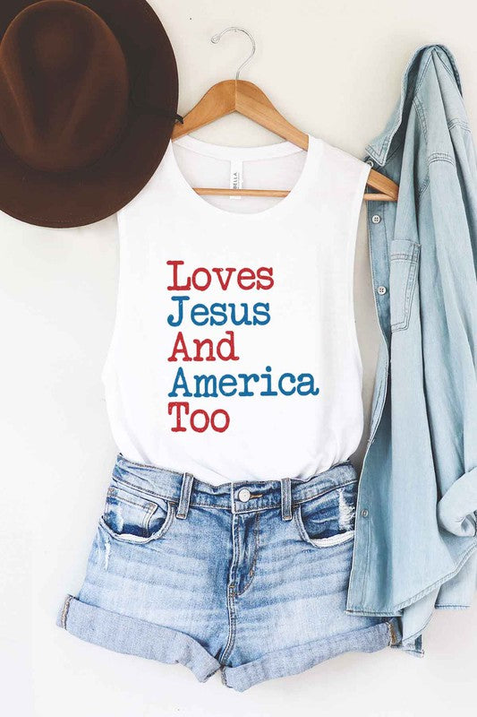 LOVES JESUS AND AMERICA TOO GRAPHIC MUSCLE TANK