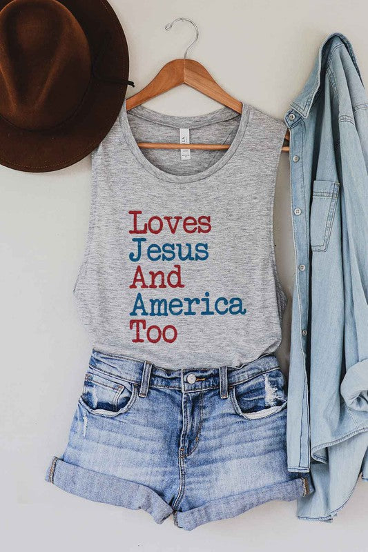 LOVES JESUS AND AMERICA TOO GRAPHIC MUSCLE TANK