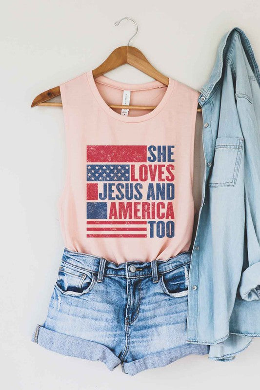 LOVES JESUS AND AMERICA GRAPHIC MUSCLE TANK