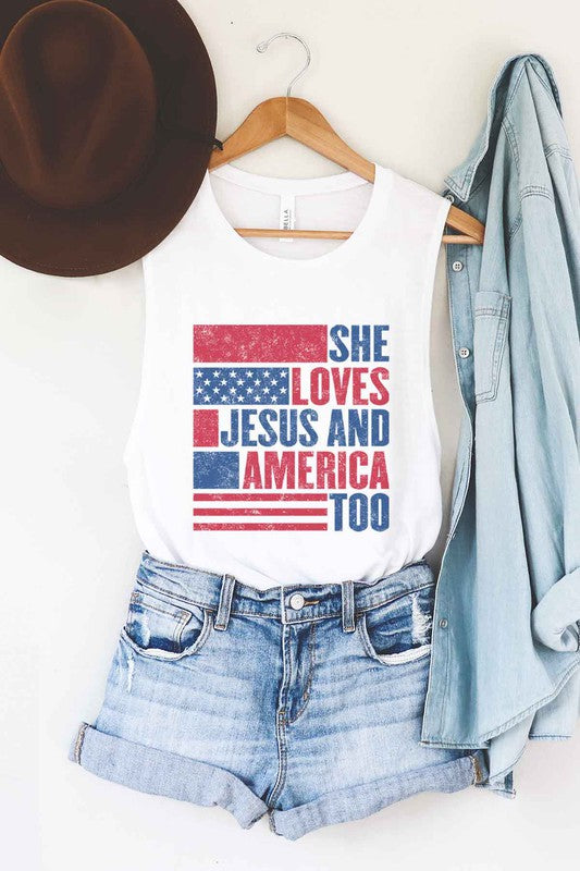 LOVES JESUS AND AMERICA GRAPHIC MUSCLE TANK