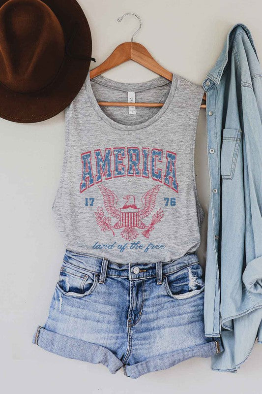 AMERICA LAND OF THE FREE GRAPHIC MUSCLE TANK