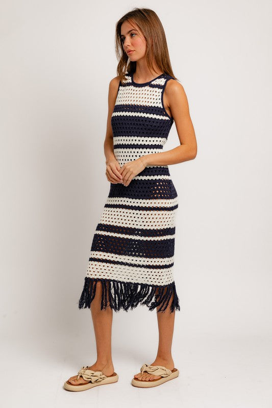 Navy Striped Crochet Cover Up