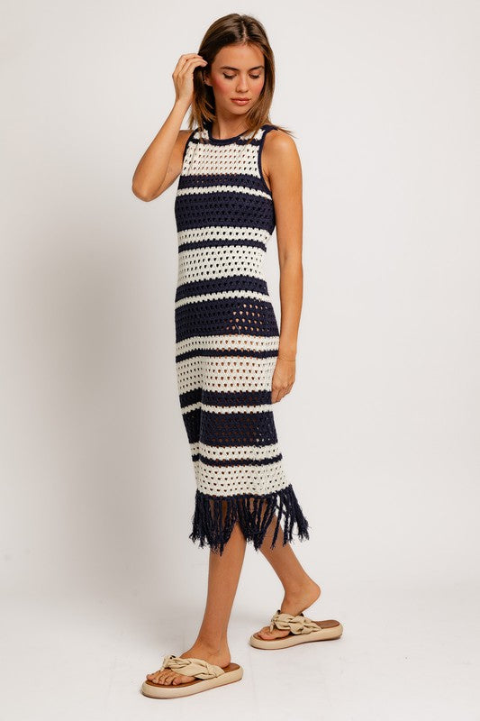 Navy Striped Crochet Cover Up