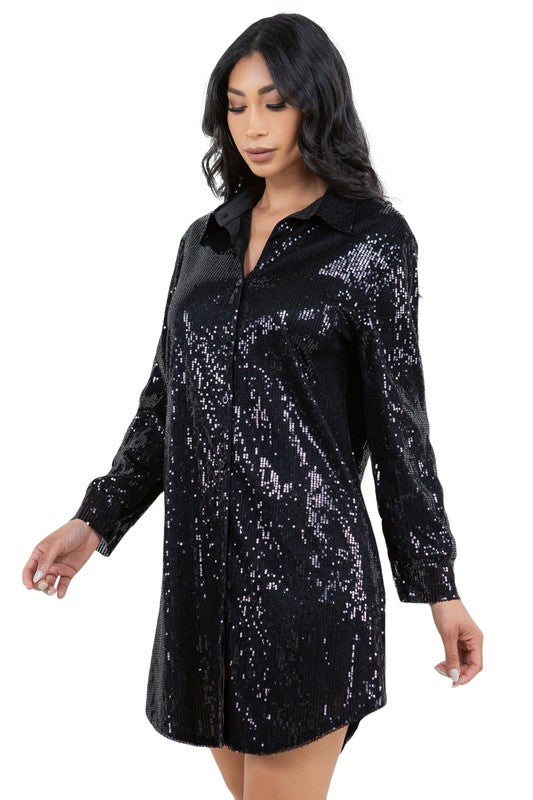 Center Stage Sequin Shirt Dress