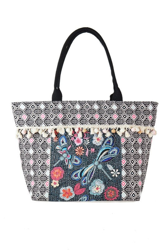 Dragonfly and Tassel Beaded Tote Bag