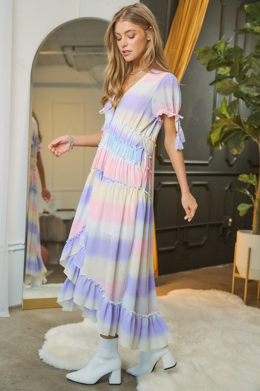 V-Neck short Puff Sleeve Maxi Dress