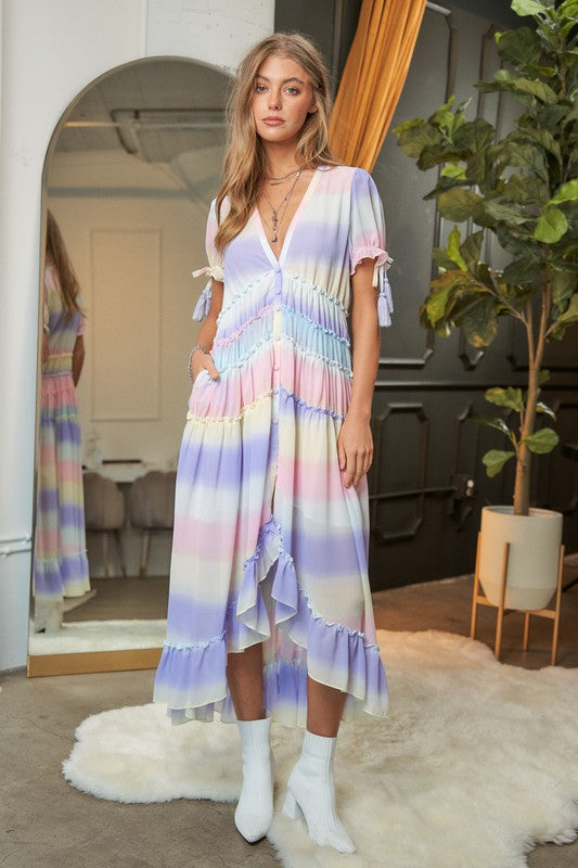 V-Neck short Puff Sleeve Maxi Dress