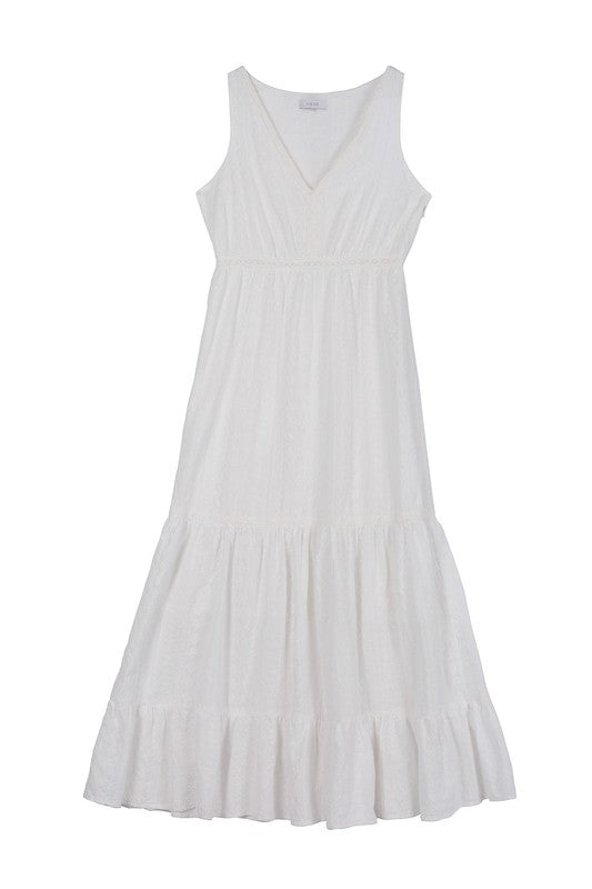 Embroidered white V neckline tiered dress