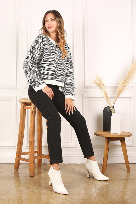 Herringbone Pattern Crew Neck Sweater