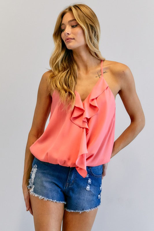 Solid V-Neck Sleeveless Ruffle Top