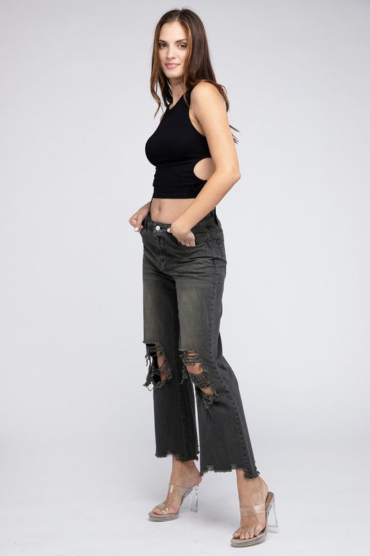 Distressed Vintage Washed Wide Leg Jeans