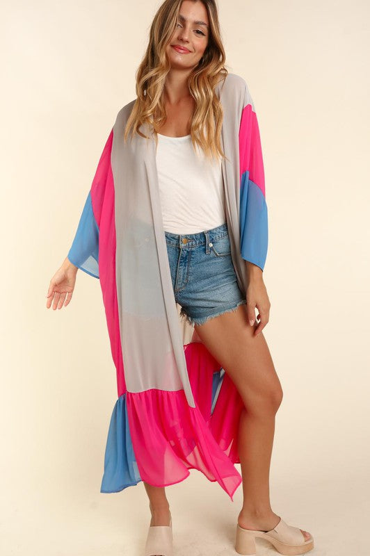 COLOR BLOCK KIMONO MAXI OPEN CARDIGAN