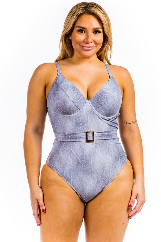 One Piece Buckle Belt embellish Denim Swimsuit