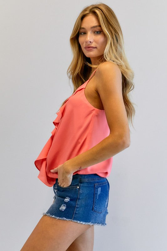 Solid V-Neck Sleeveless Ruffle Top